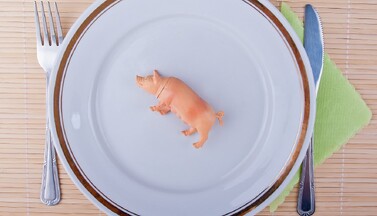 Plastikschwein auf Teller samt Besteck