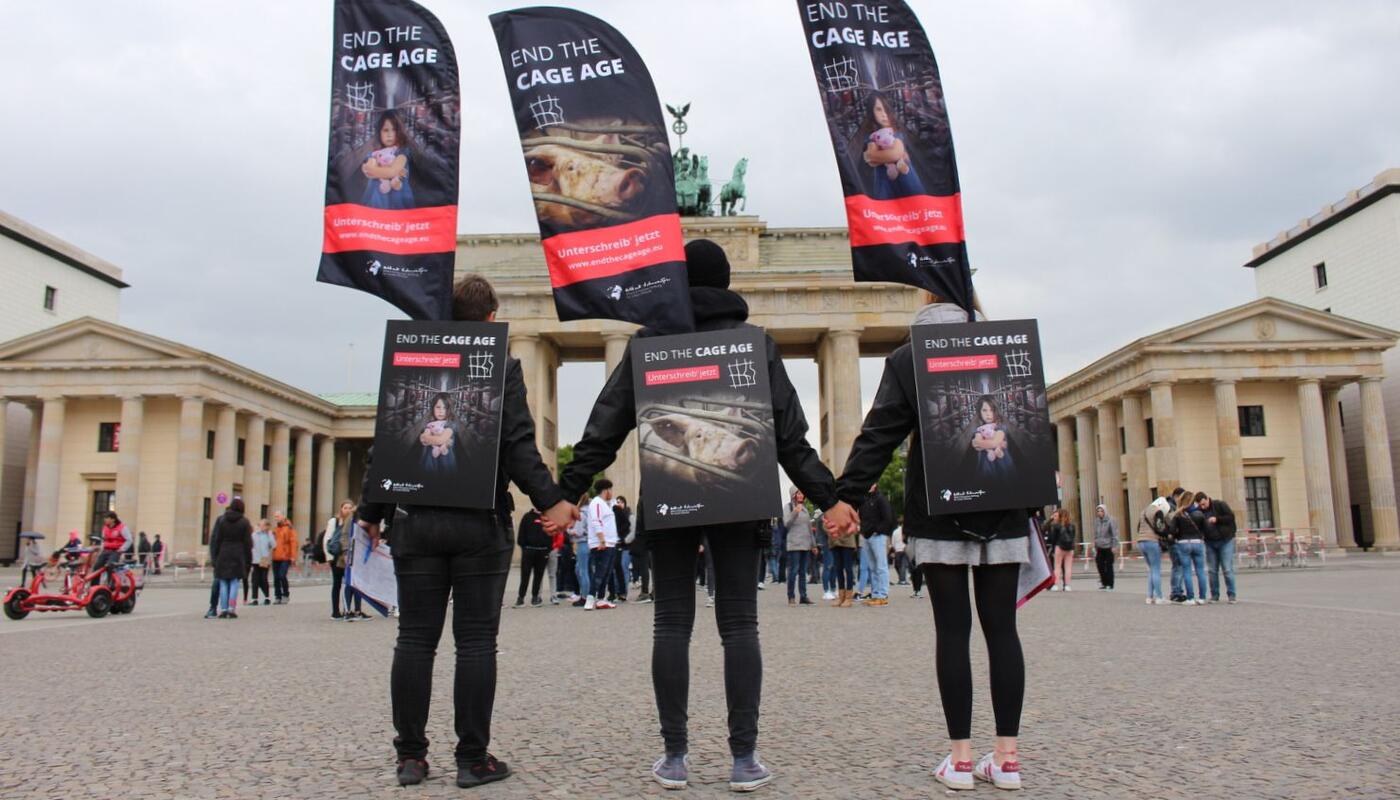 Aktion zu End the Cage Age vor dem Brandenburger Tor.