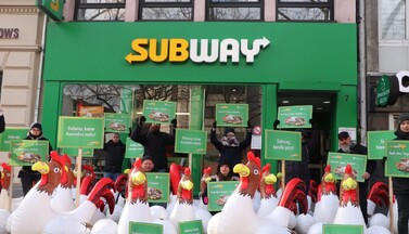 Hühner-Protest vor Subway am Chlodwigplatz in Köln.