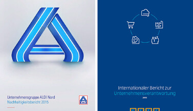 Titelseiten der Nachhaltigkeitsberichte von ALDI Nord und ALDI Süd