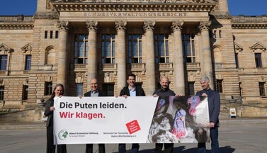 Sylvi Paulick, Alex Lunkenheimer, Mahi Klosterhalfen, Dimitar Gerganov, Christian Rehmer vor dem Bundesverwaltungsgericht mit einem Banner auf dem steht: 