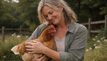 Frau mit Huhn im Arm.