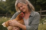 Frau mit Huhn im Arm.