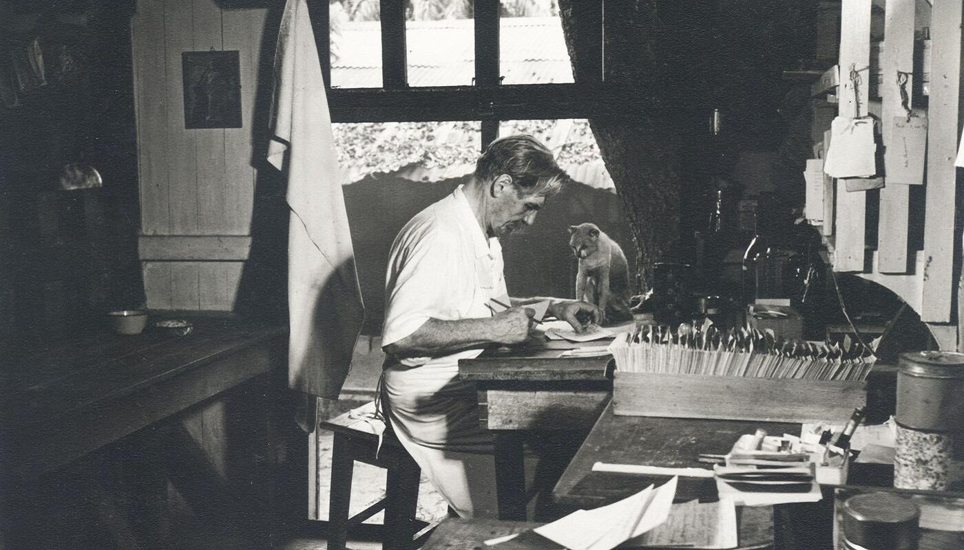 Albert Schweitzer am Schreibtisch mit Katze.